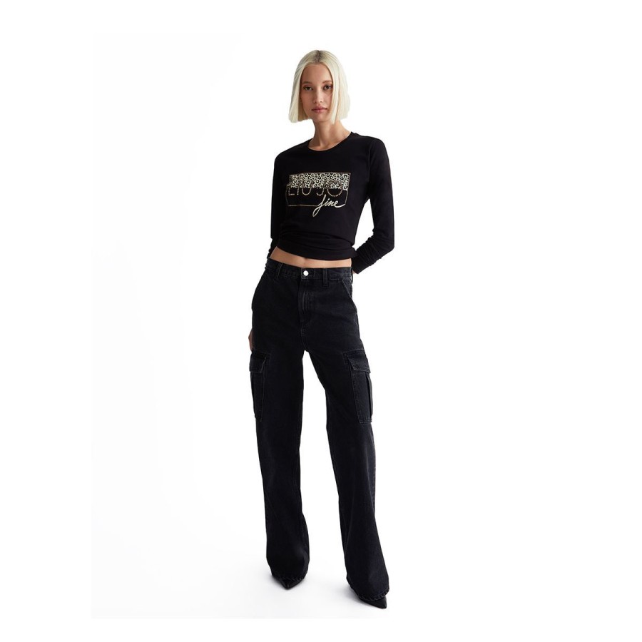 Donna Liu Jo T Shirt | T Shirt Donna Liu Jo Better Con Logo E Strass Nero Wf3084 223