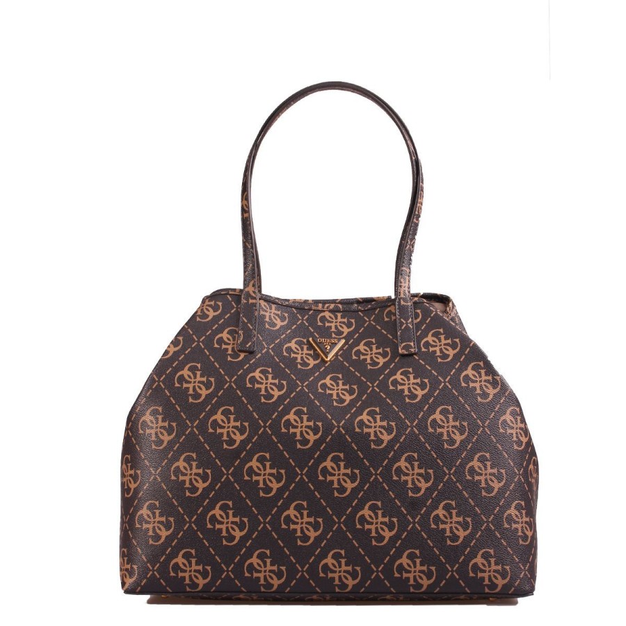 Donna Guess Borse A Spalla | Borsa Donna Guess Tote Bag Large 4G Con Pochette Vikky Brown Logo Hwos69952 223