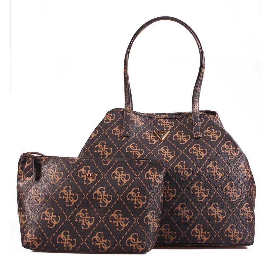 Donna Guess Borse A Spalla | Borsa Donna Guess Tote Bag Large 4G Con Pochette Vikky Brown Logo Hwos69952 223