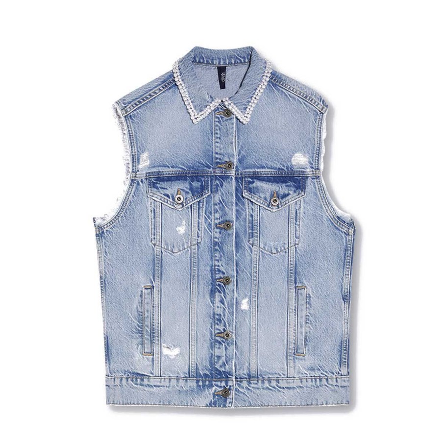 Donna Liu Jo Capispalla | Gilet Donna Liu Jo Ecs Con Perle Denim Blue Ua2206 122