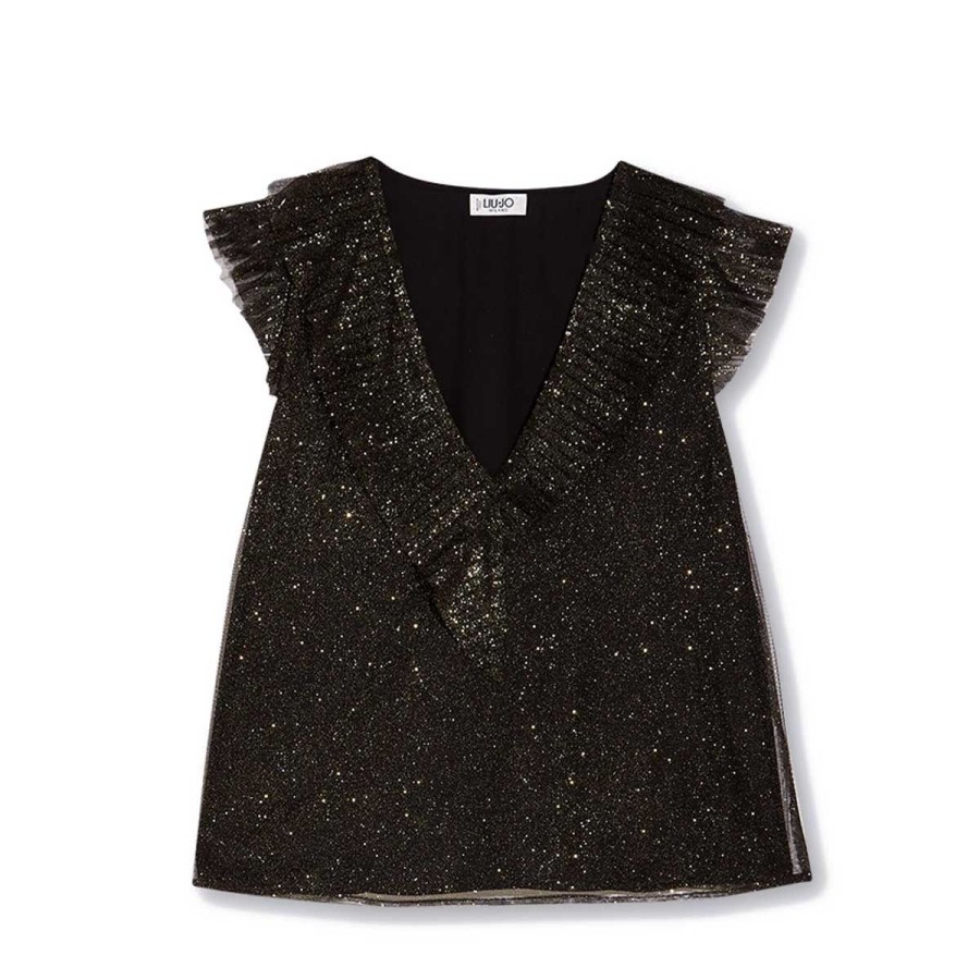 Donna Liu Jo Abiti | Top Donna Liu Jo In Tulle Nero Glitter Gold Wa2470 122