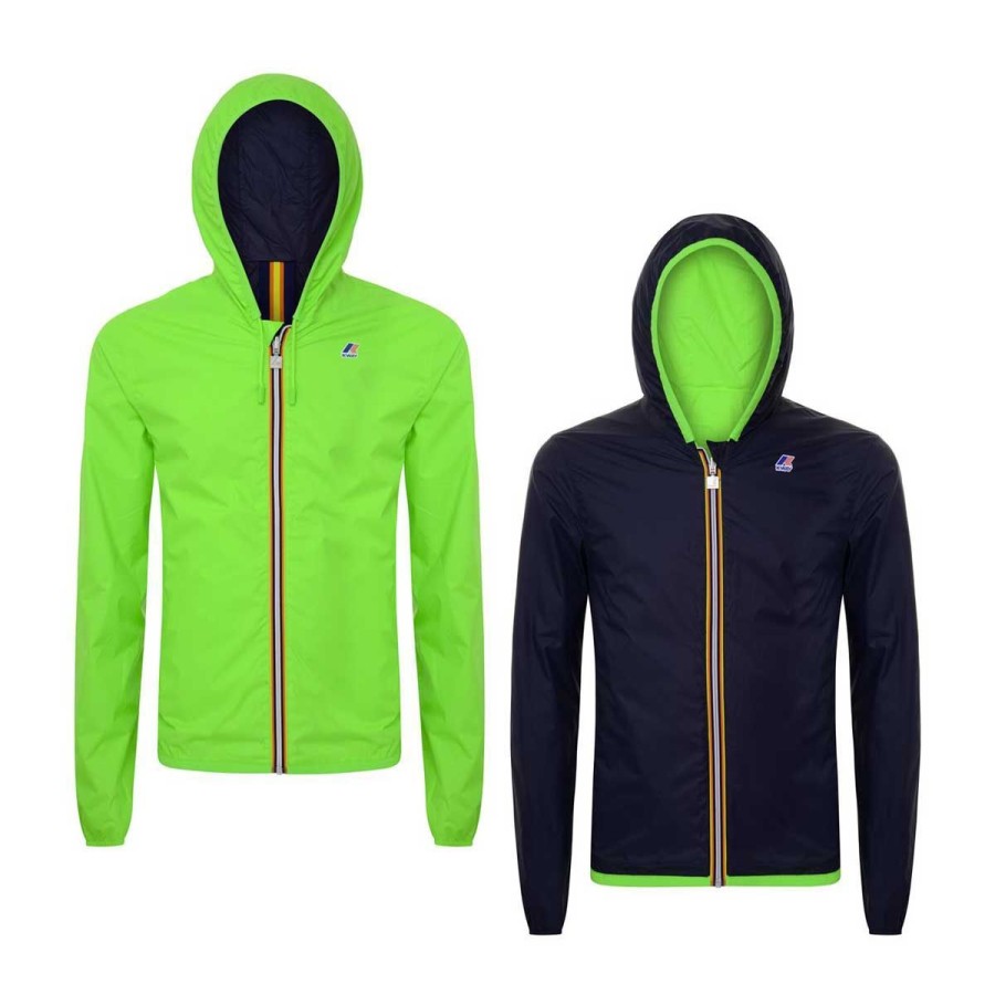 Kid & Youth K-Way Capispalla | Giacca Kid K-Way Jacques Plus Double Fluo Green / Blue Depht K002Ei 122